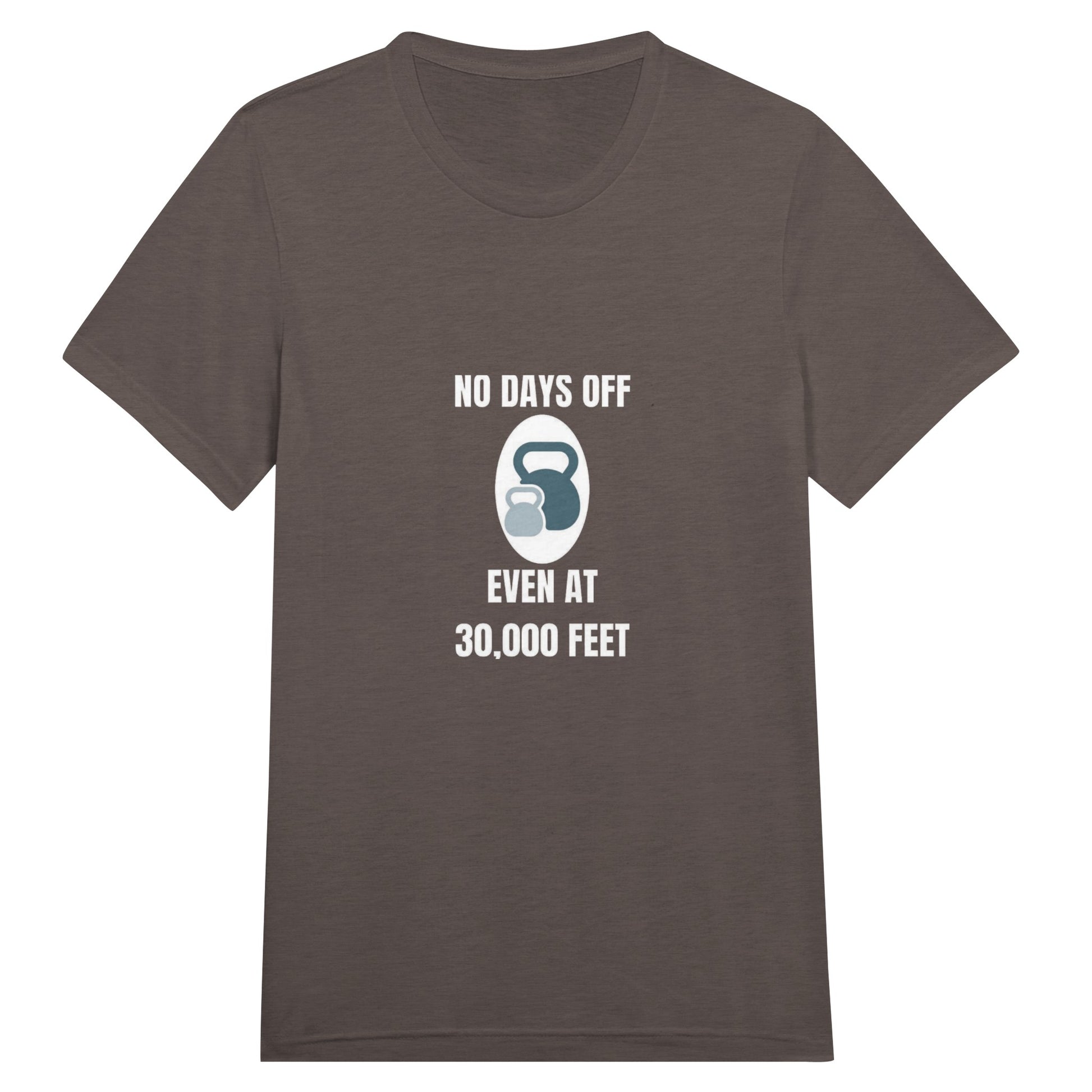 No Days Off Even at 30,000 Feet unisex triblend tee in Triblend Brown — packable travel training apparel from Dumbbells & Hotels