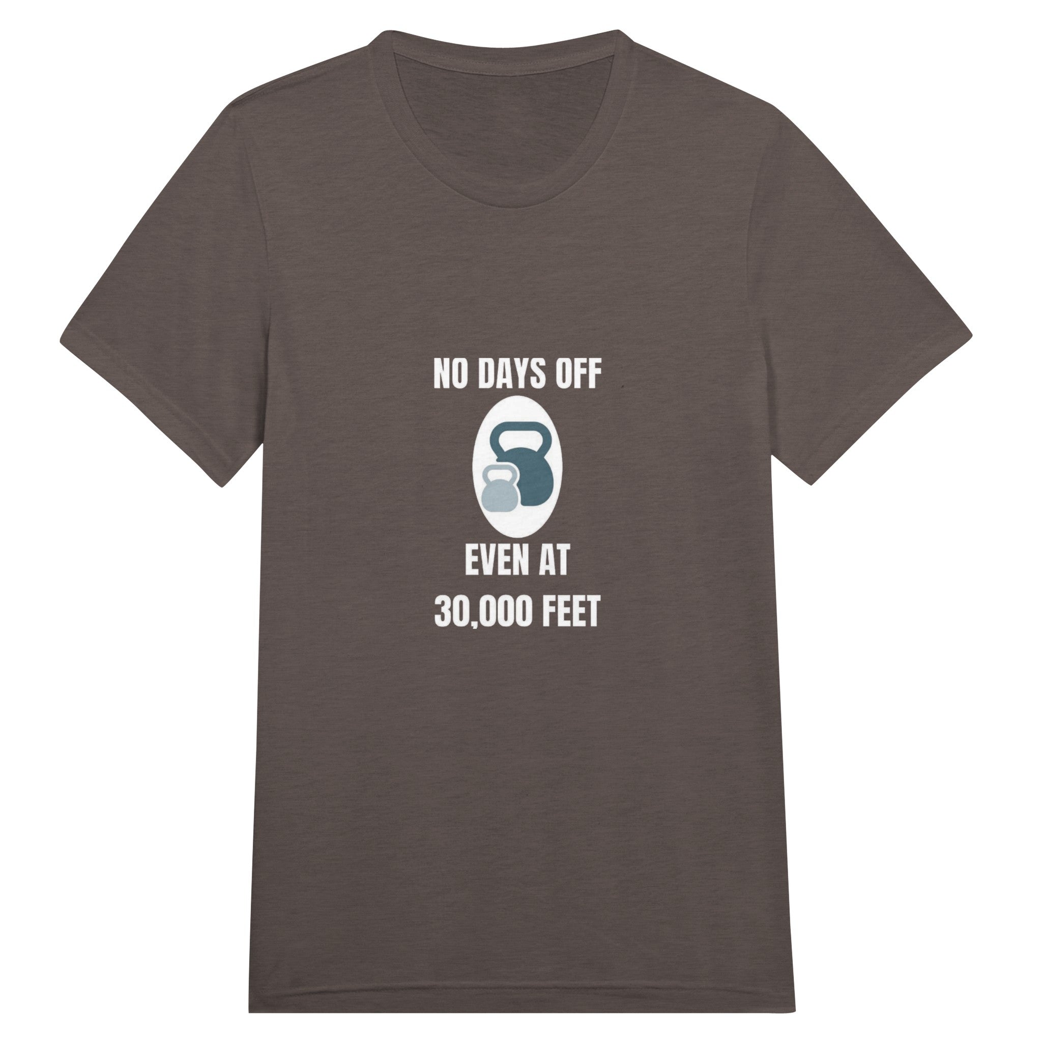 No Days Off Even at 30,000 Feet unisex triblend tee in Triblend Brown — packable travel training apparel from Dumbbells & Hotels