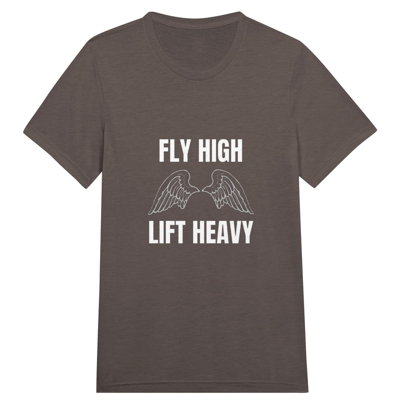 Fly High, Lift Heavy Wingspan Travel Tee in Triblend Brown — road warrior travel tee by Dumbbells & Hotels