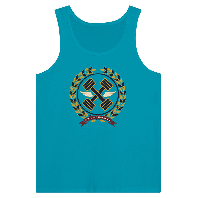 Suitcase Strength unisex premium tank top for travelling professionals, printed with a gold laurel-wreath crest with navy crossed dumbbells, cream aviator wings and a SUITCASE STRENGTH ribbon — product photo 13 of 18