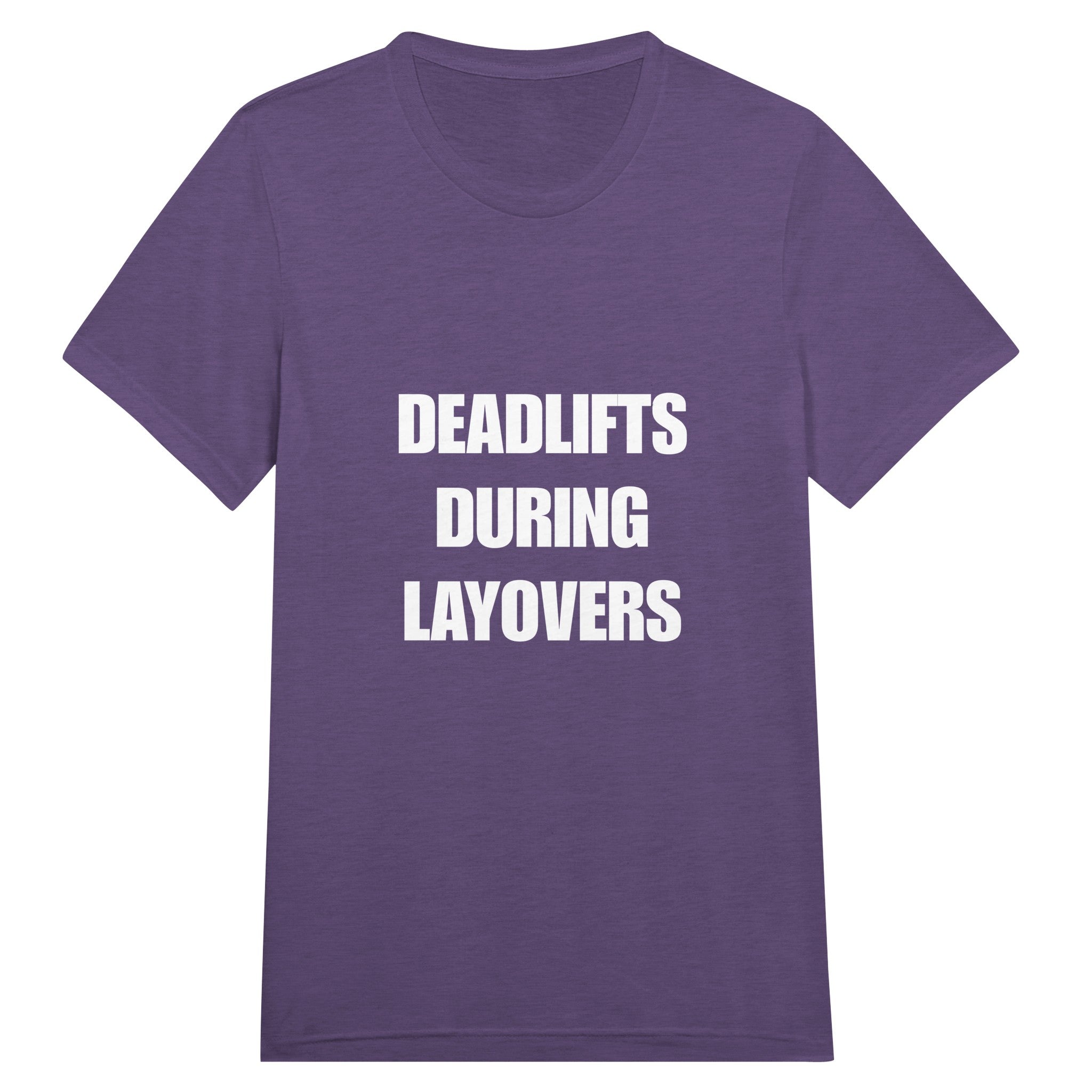 Deadlifts During Layovers travel workout tee — road warrior training in the hotel gym | Dumbbells & Hotels
