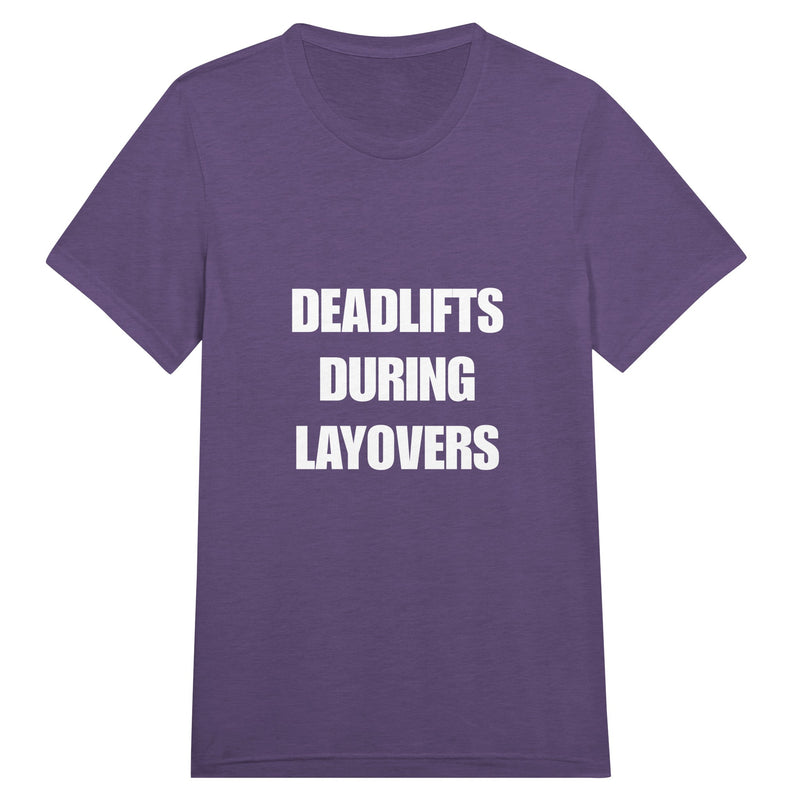 Deadlifts During Layovers travel workout tee — road warrior training in the hotel gym | Dumbbells & Hotels