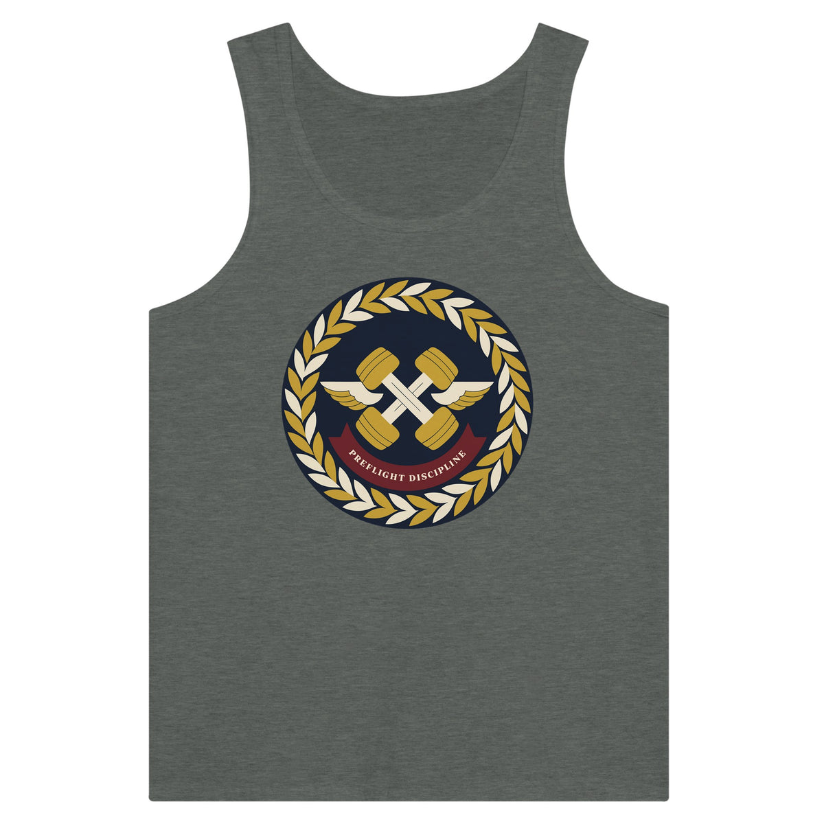 Preflight Discipline unisex tank top for travelling professionals, printed with a laurel-wreath crest with crossed dumbbells, aviator wings and a PREFLIGHT DISCIPLINE banner — product photo 12 of 18