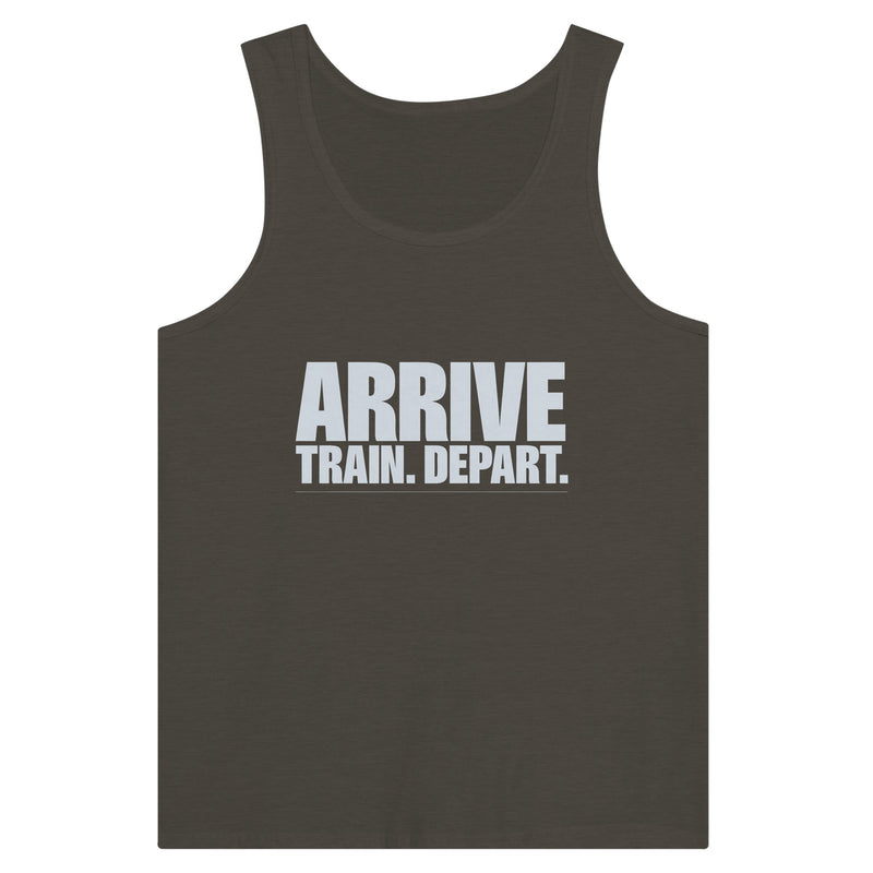 Arrive. Train. Depart. Tank | Dumbbells & Hotels - Arrive. Train. Depart. design, tank product photo