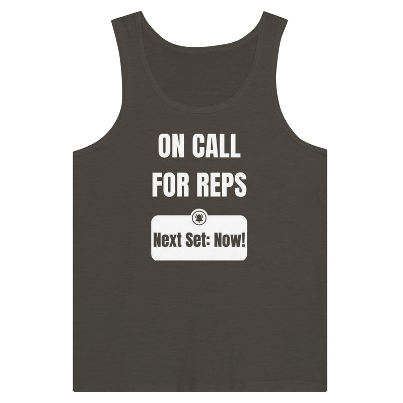 unisex premium travel tank with white On Call for Reps notification graphic reading Next Set: Now!