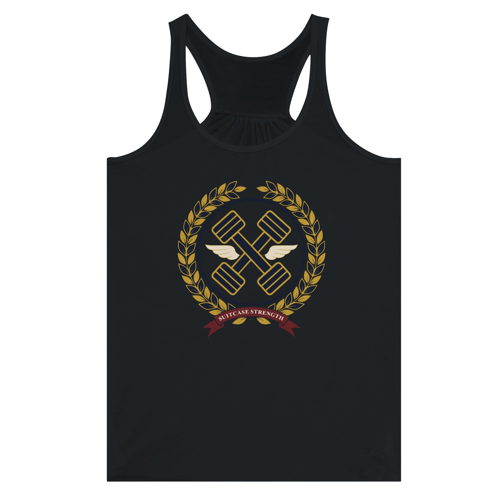 Suitcase Strength women's flowy racerback tank for travelling professionals, printed with a gold laurel-wreath crest with navy crossed dumbbells, cream aviator wings and a SUITCASE STRENGTH ribbon — product photo 11 of 13