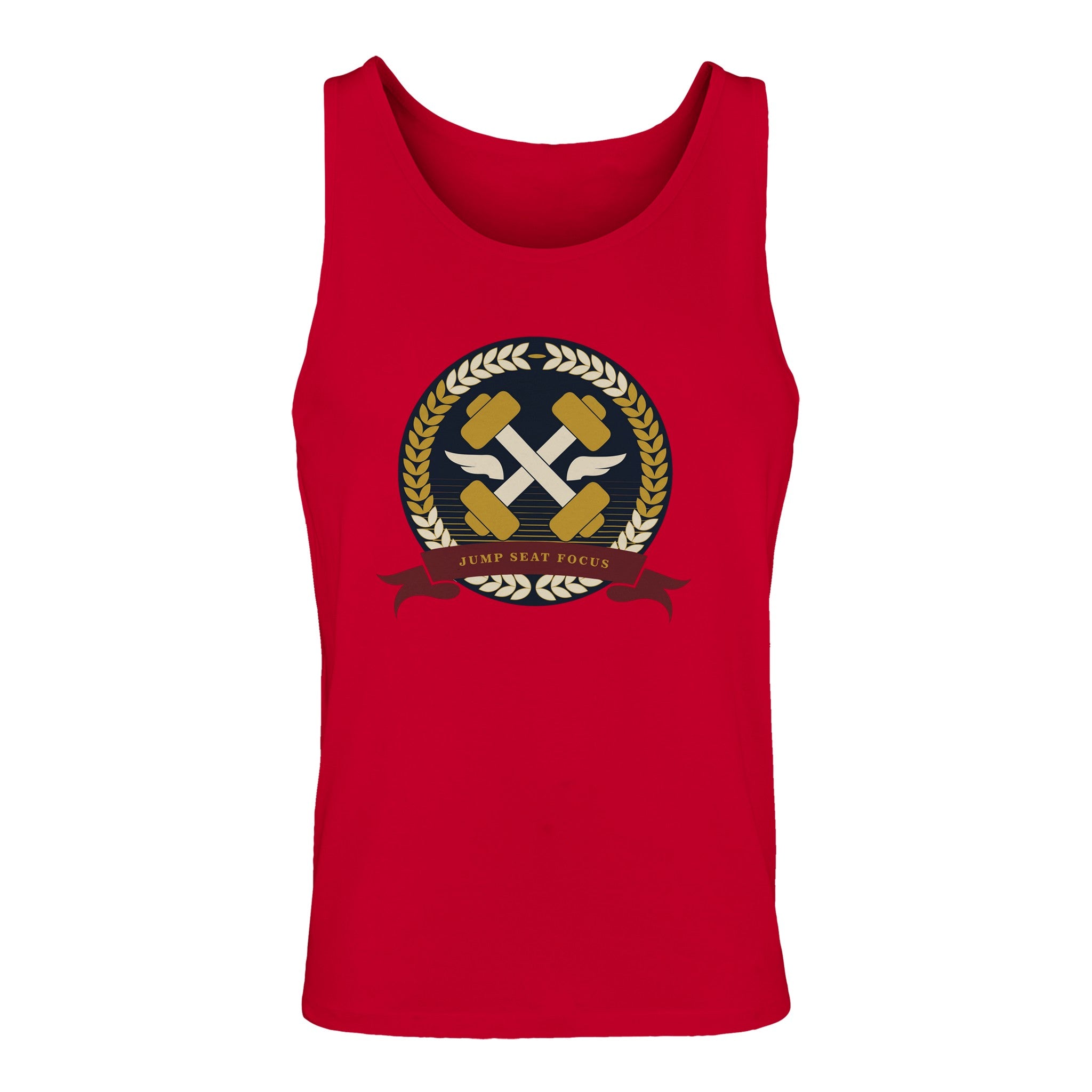 Dumbbells & Hotels unisex tank top with the Jump Seat Focus crest (gold laurel ring, crossed dumbbells over aviator wings, burgundy ribbon) - product shot 15 of 18