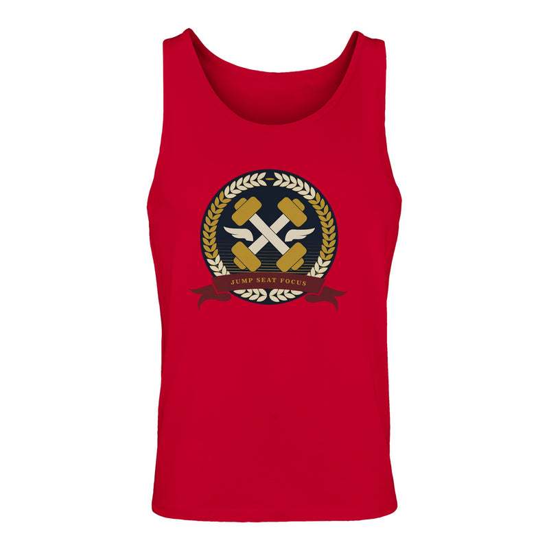 Dumbbells & Hotels unisex tank top with the Jump Seat Focus crest (gold laurel ring, crossed dumbbells over aviator wings, burgundy ribbon) - product shot 15 of 18