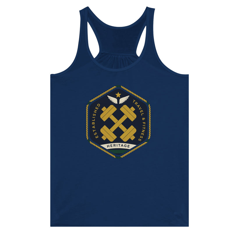 Heritage Standard crest-emblem flowy racerback tank, Dumbbells & Hotels road warrior apparel