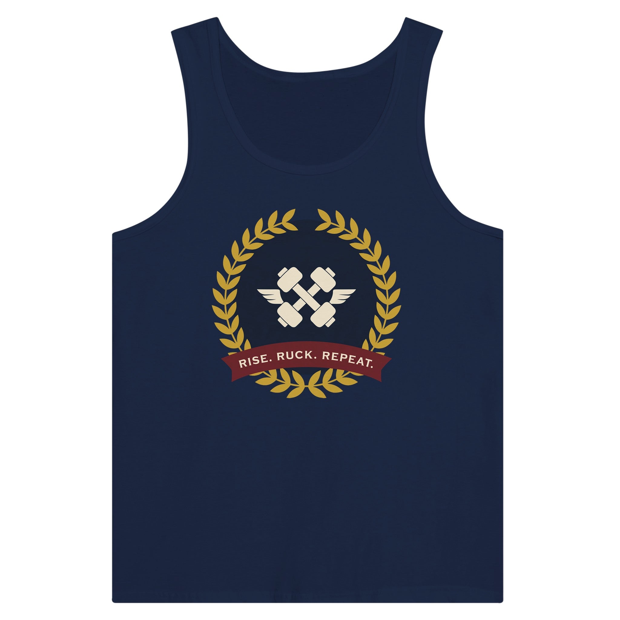 Rise. Ruck. Repeat. artwork detail on a unisex tank top designed for hotel gyms and long layovers