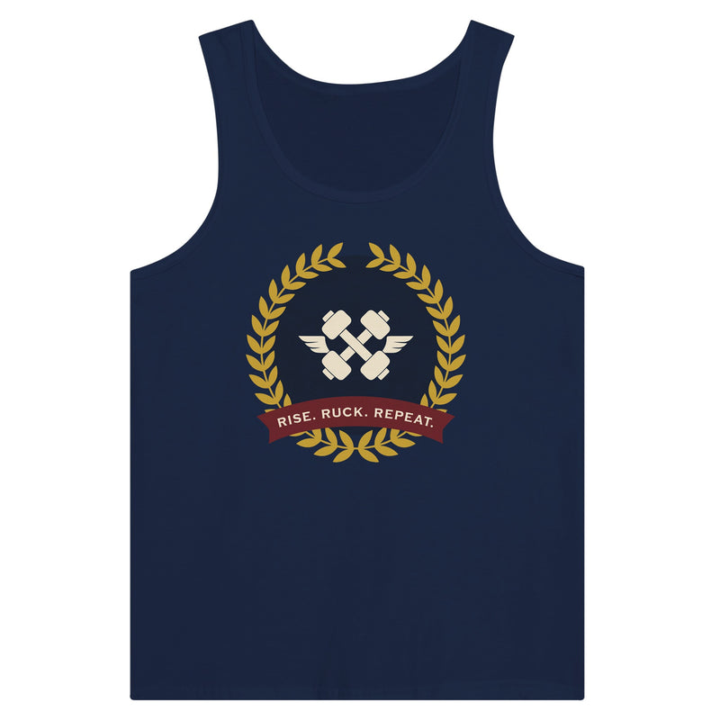 Rise. Ruck. Repeat. artwork detail on a unisex tank top designed for hotel gyms and long layovers