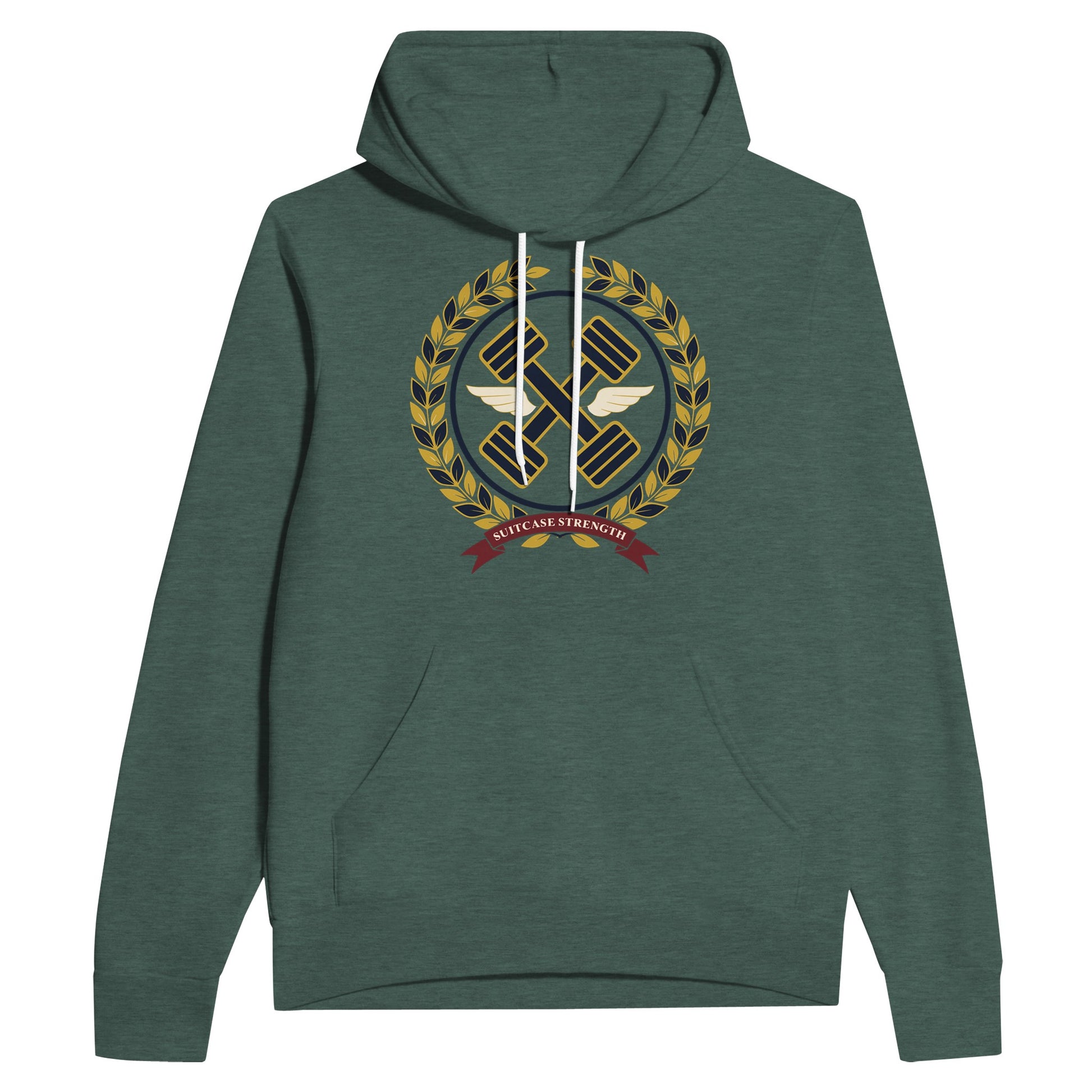 Suitcase Strength unisex pullover hoodie for travelling professionals, printed with a gold laurel-wreath crest with navy crossed dumbbells, cream aviator wings and a SUITCASE STRENGTH ribbon — product photo 6 of 12