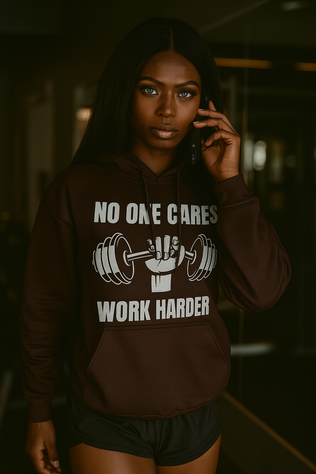 A photograph of a fit African-American woman with long straight black hair and blue eyes wearing a dark chocolate Gildan 18500 Unisex Hoodie with a "No One Cares, Work Harder" graphic, walking inside a gym while talking on her phone, styled with black shorts.