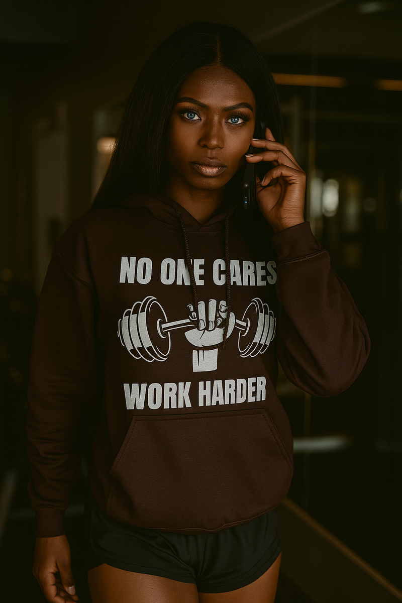 A photograph of a fit African-American woman with long straight black hair and blue eyes wearing a dark chocolate Gildan 18500 Unisex Hoodie with a "No One Cares, Work Harder" graphic, walking inside a gym while talking on her phone, styled with black shorts.