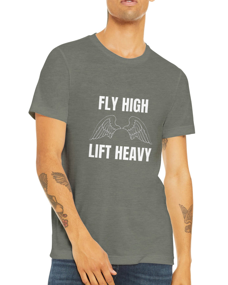 Fly High, Lift Heavy Wingspan Travel Tee fabric and fit detail — Dumbbells & Hotels road warrior apparel