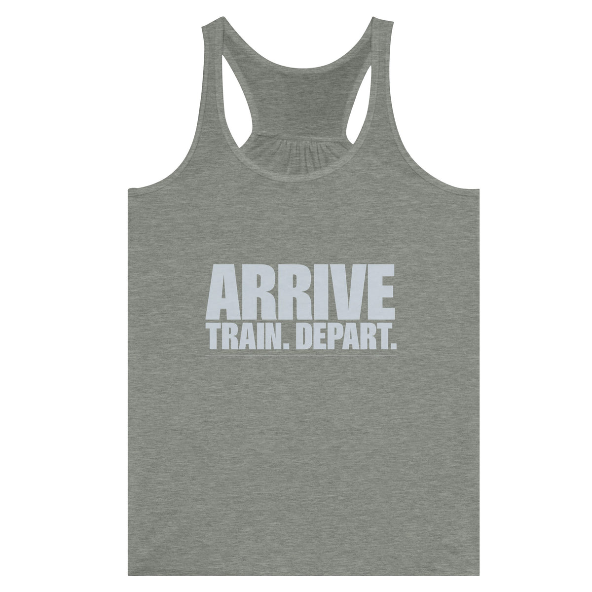 Arrive. Train. Depart. Racerback | Dumbbells & Hotels - Arrive. Train. Depart. design, racerback product photo