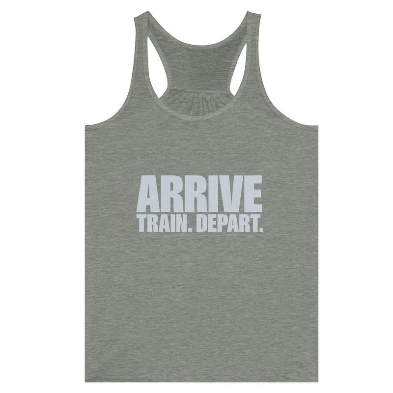Arrive. Train. Depart. Racerback | Dumbbells & Hotels - Arrive. Train. Depart. design, racerback product photo