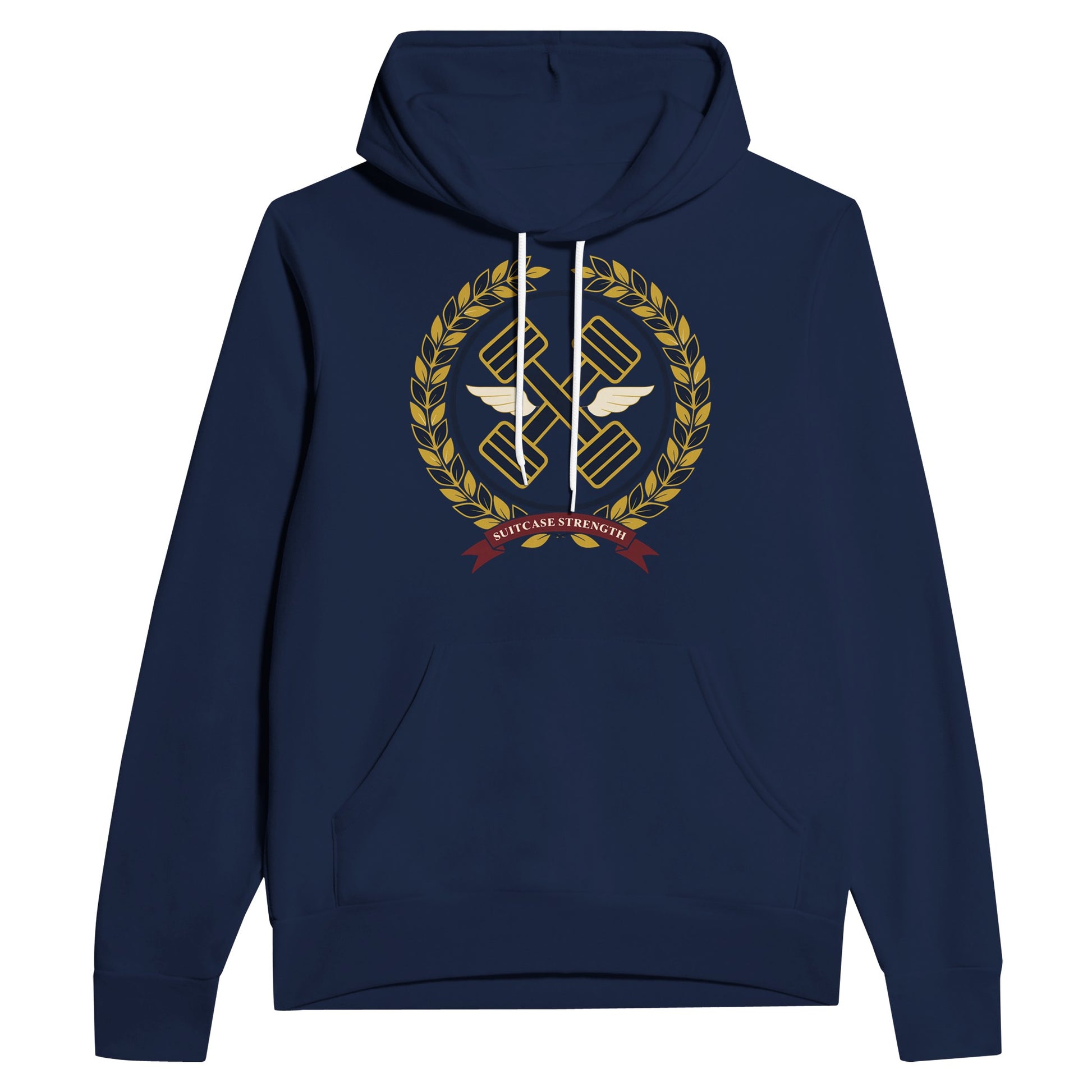Suitcase Strength unisex pullover hoodie for travelling professionals, printed with a gold laurel-wreath crest with navy crossed dumbbells, cream aviator wings and a SUITCASE STRENGTH ribbon — product photo 7 of 12