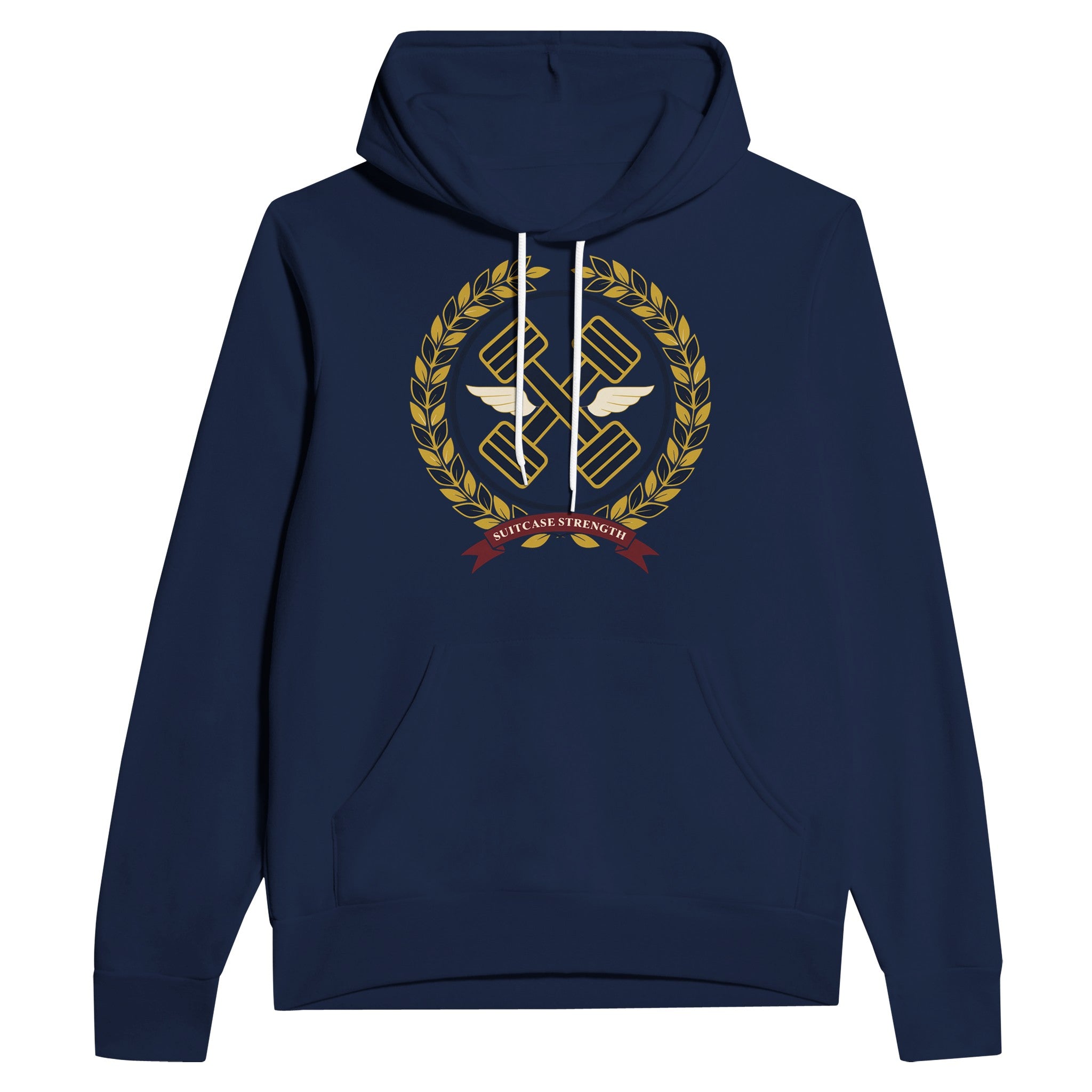 Suitcase Strength unisex pullover hoodie for travelling professionals, printed with a gold laurel-wreath crest with navy crossed dumbbells, cream aviator wings and a SUITCASE STRENGTH ribbon — product photo 7 of 12