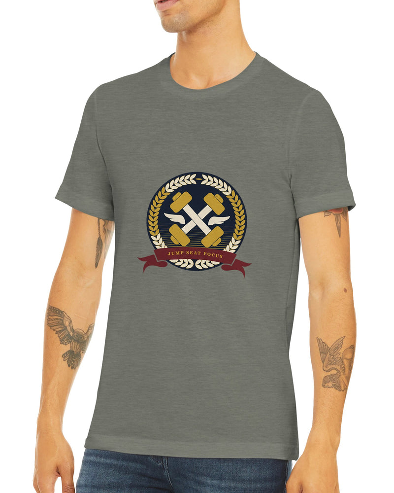 Dumbbells & Hotels unisex triblend tee with the Jump Seat Focus crest (gold laurel ring, crossed dumbbells over aviator wings, burgundy ribbon) - product shot 19 of 19