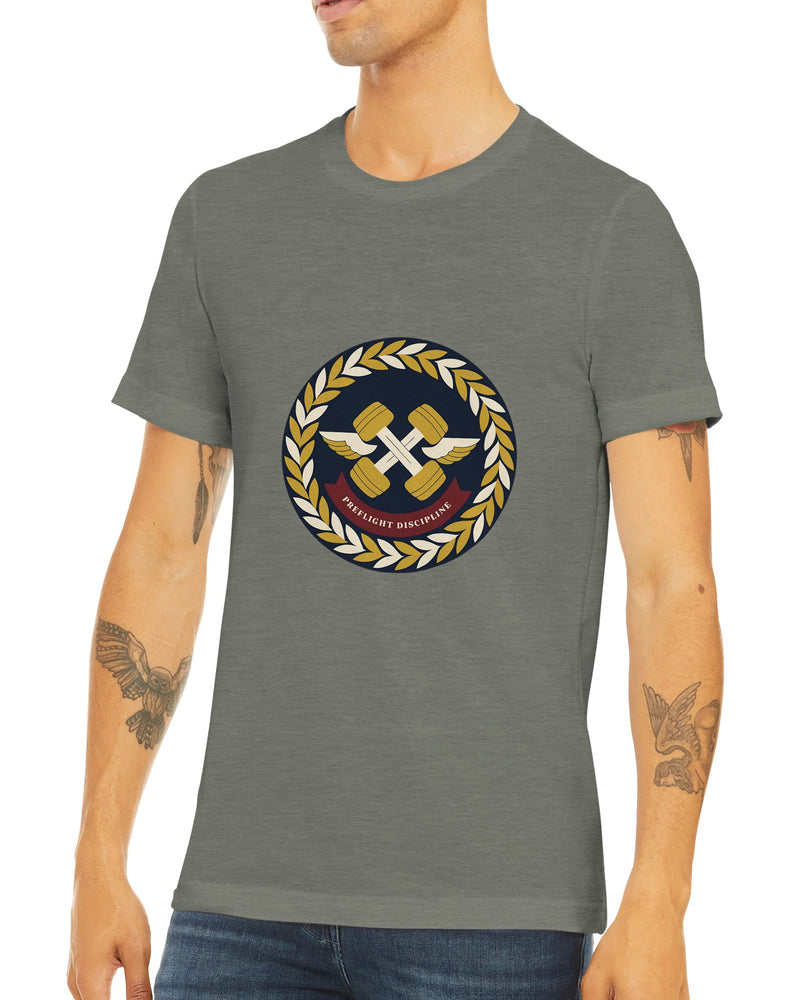 Preflight Discipline winged-dumbbell crest with laurel wreath on a unisex triblend tee by Dumbbells & Hotels — view 19 of 19