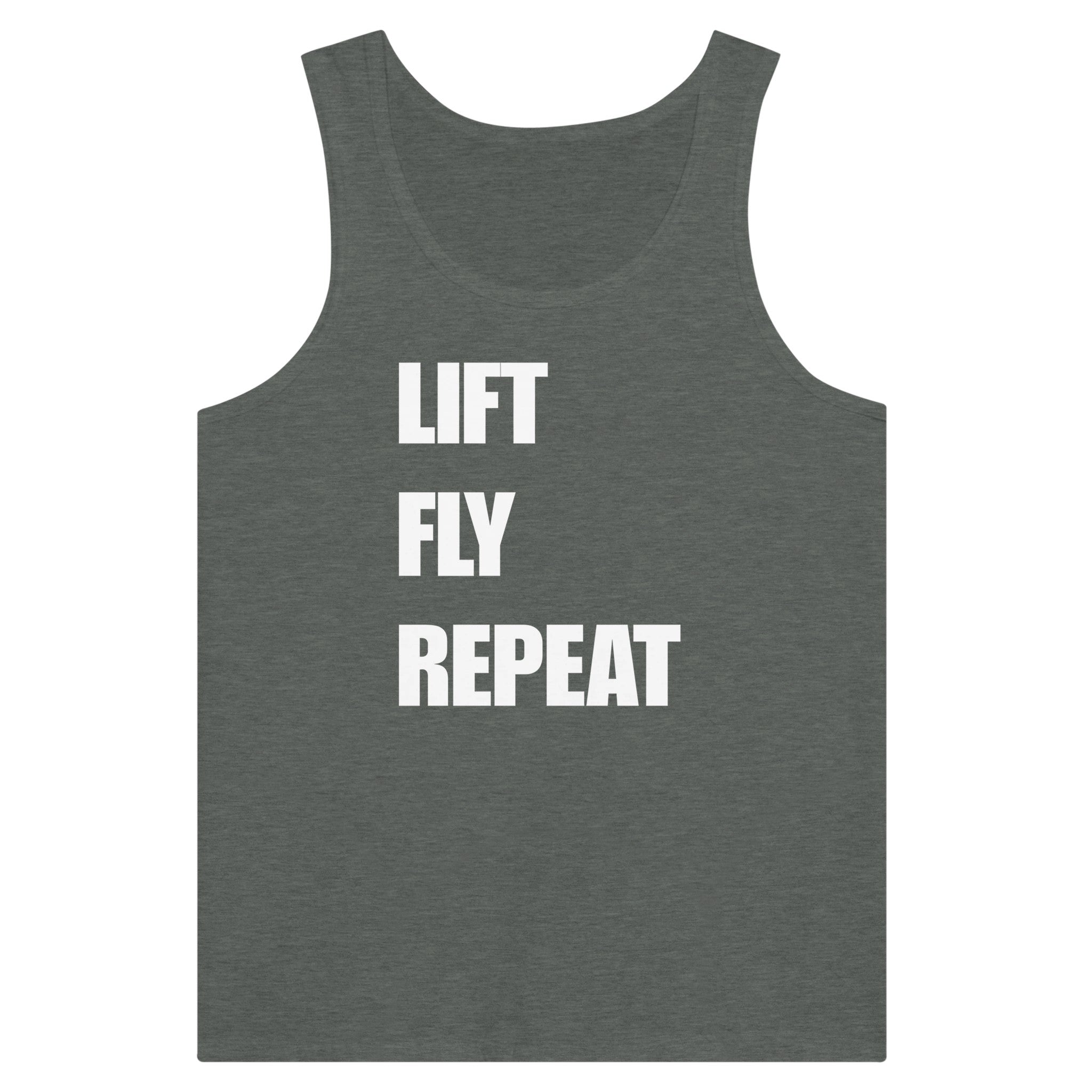 Dumbbells & Hotels unisex tank top with the Lift Fly Repeat graphic - product shot 12 of 18