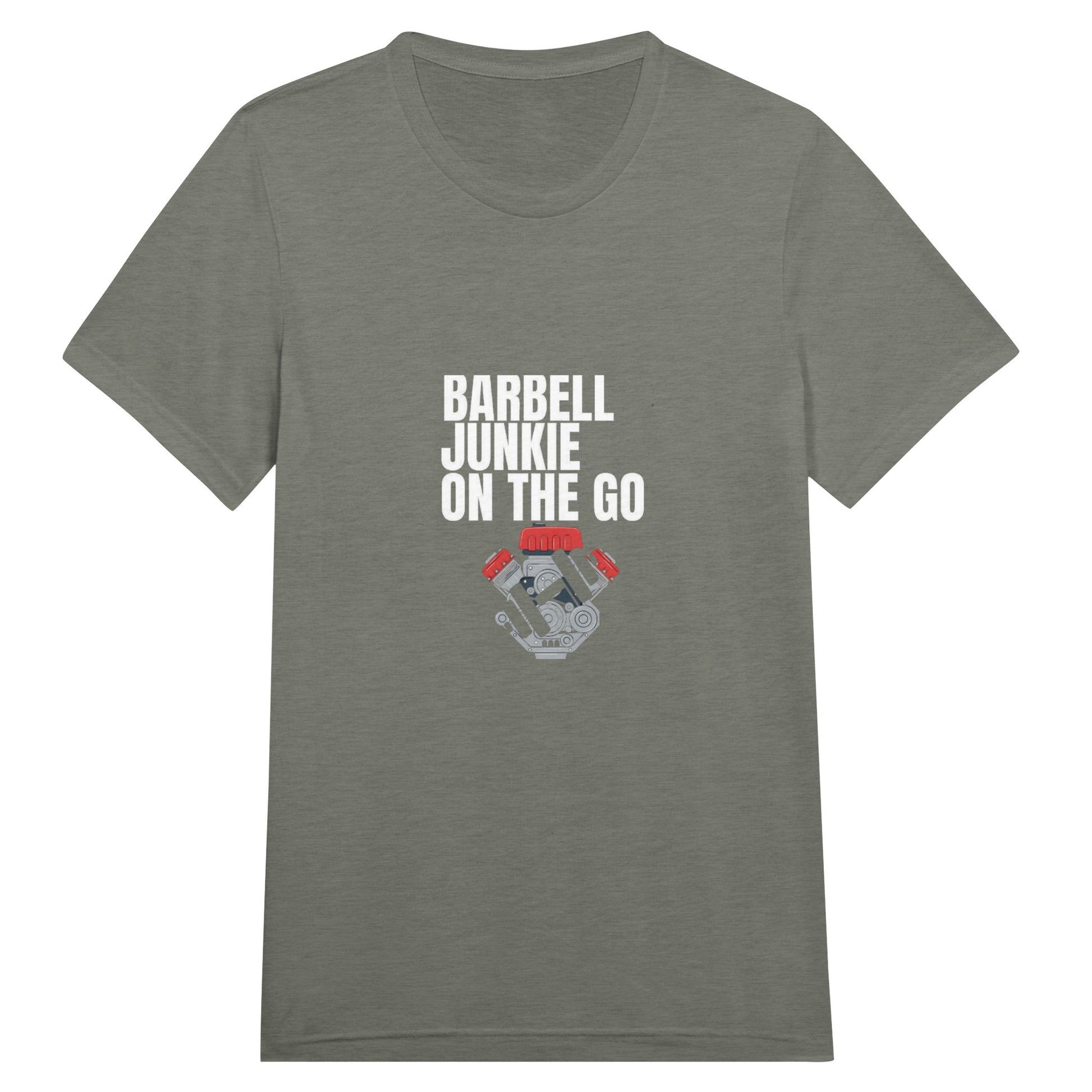 Barbell Junkie on the Go travel-ready crewneck tee by Dumbbells & Hotels — road warrior gym apparel