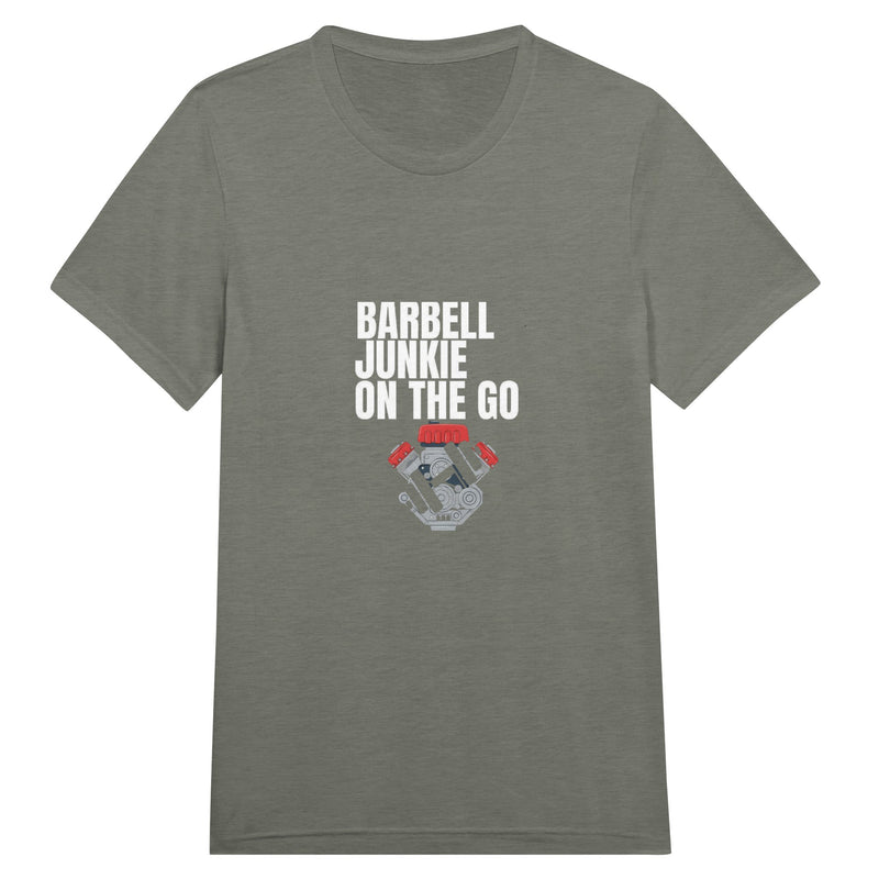 Barbell Junkie on the Go travel-ready crewneck tee by Dumbbells & Hotels — road warrior gym apparel