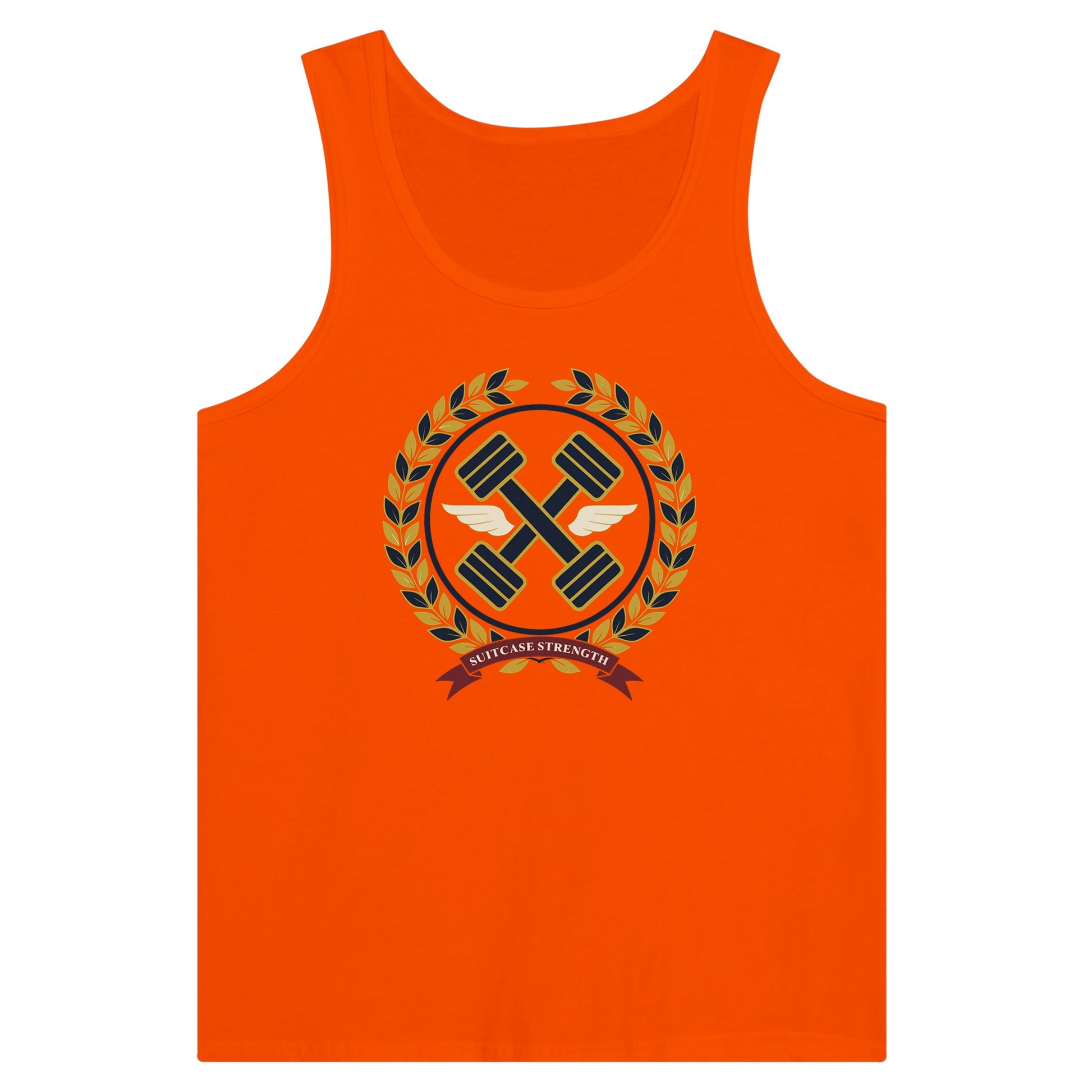 Suitcase Strength unisex premium tank top for travelling professionals, printed with a gold laurel-wreath crest with navy crossed dumbbells, cream aviator wings and a SUITCASE STRENGTH ribbon — product photo 6 of 18