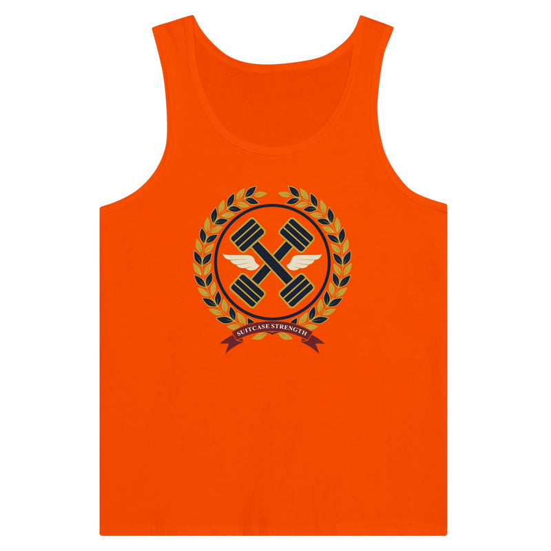 Suitcase Strength unisex premium tank top for travelling professionals, printed with a gold laurel-wreath crest with navy crossed dumbbells, cream aviator wings and a SUITCASE STRENGTH ribbon — product photo 6 of 18