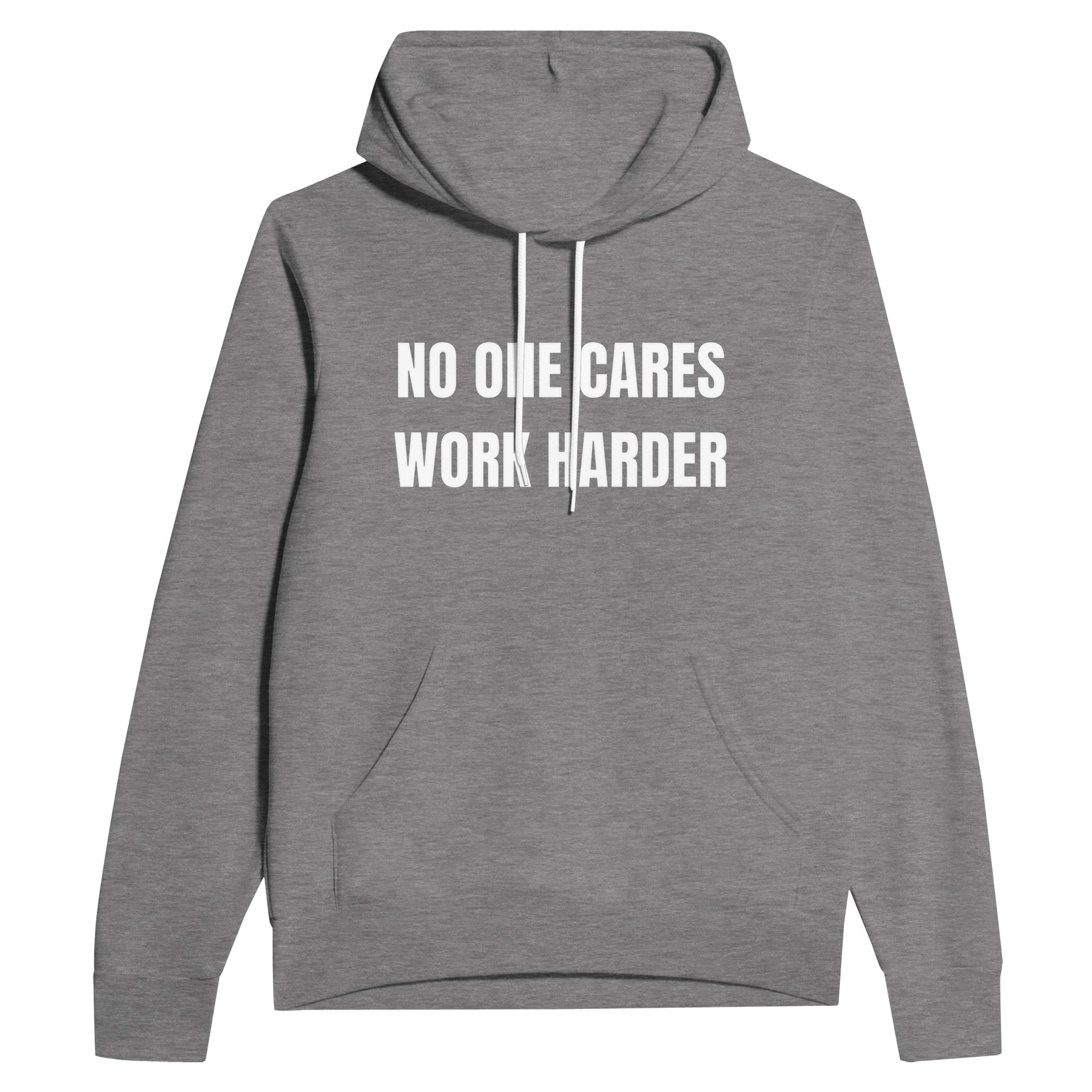 No One Cares. Work Harder hoodie — hotel gym ready, DTG printed performance hoodie for road warriors | Dumbbells & Hotels