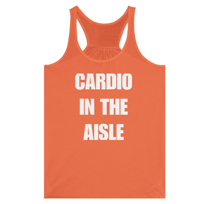 women's flowy racerback tank, white Cardio in the Aisle print, hotel gym travel fitness apparel