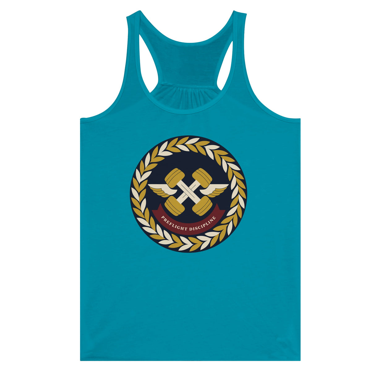 Preflight Discipline women's racerback tank for travelling professionals, printed with a laurel-wreath crest with crossed dumbbells, aviator wings and a PREFLIGHT DISCIPLINE banner — product photo 10 of 13