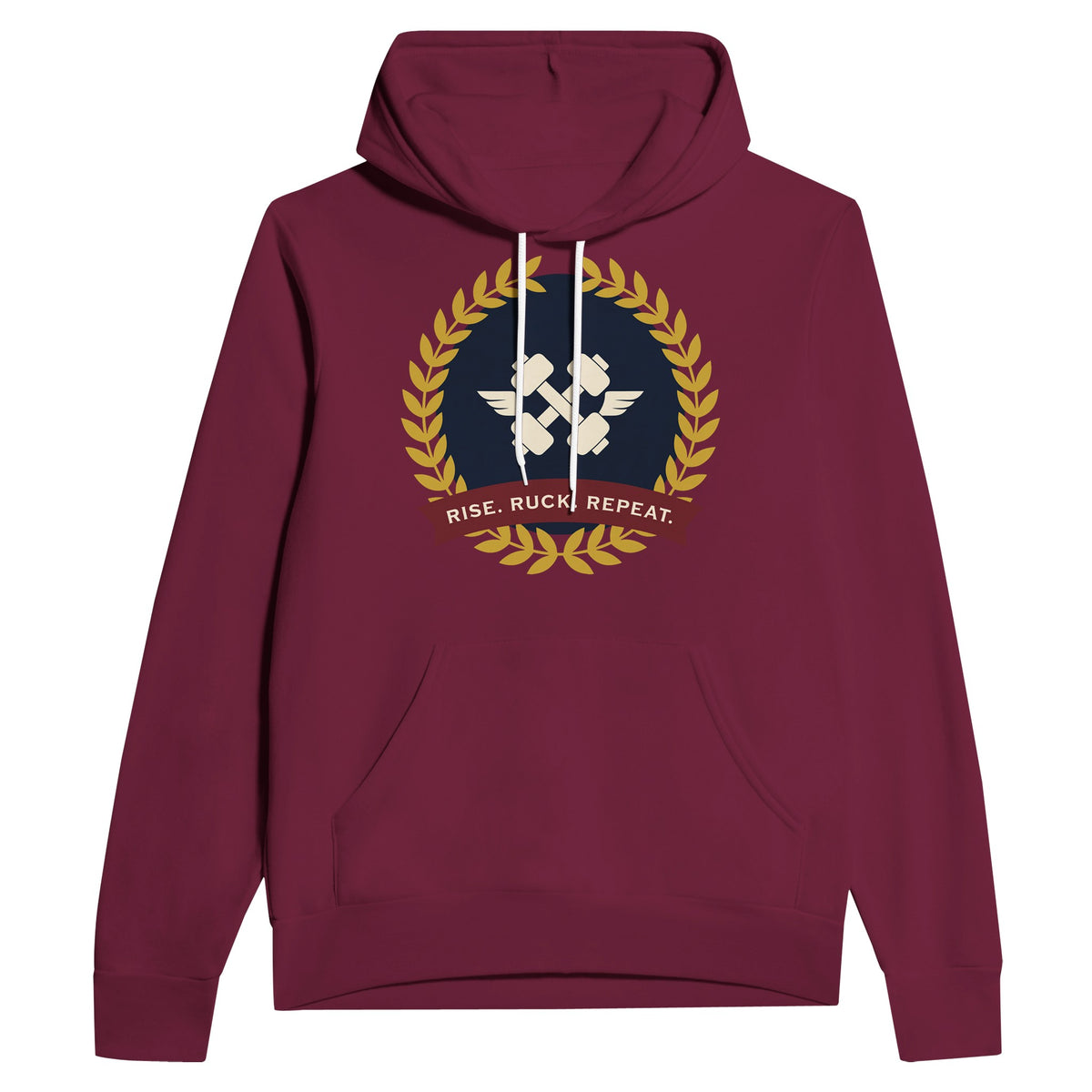 Rise. Ruck. Repeat. unisex pullover hoodie in Maroon — packable travel training apparel from Dumbbells & Hotels