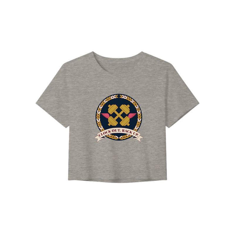 Clock Out. Rack Up. crest design on a Dumbbells and Hotels women's crop tee