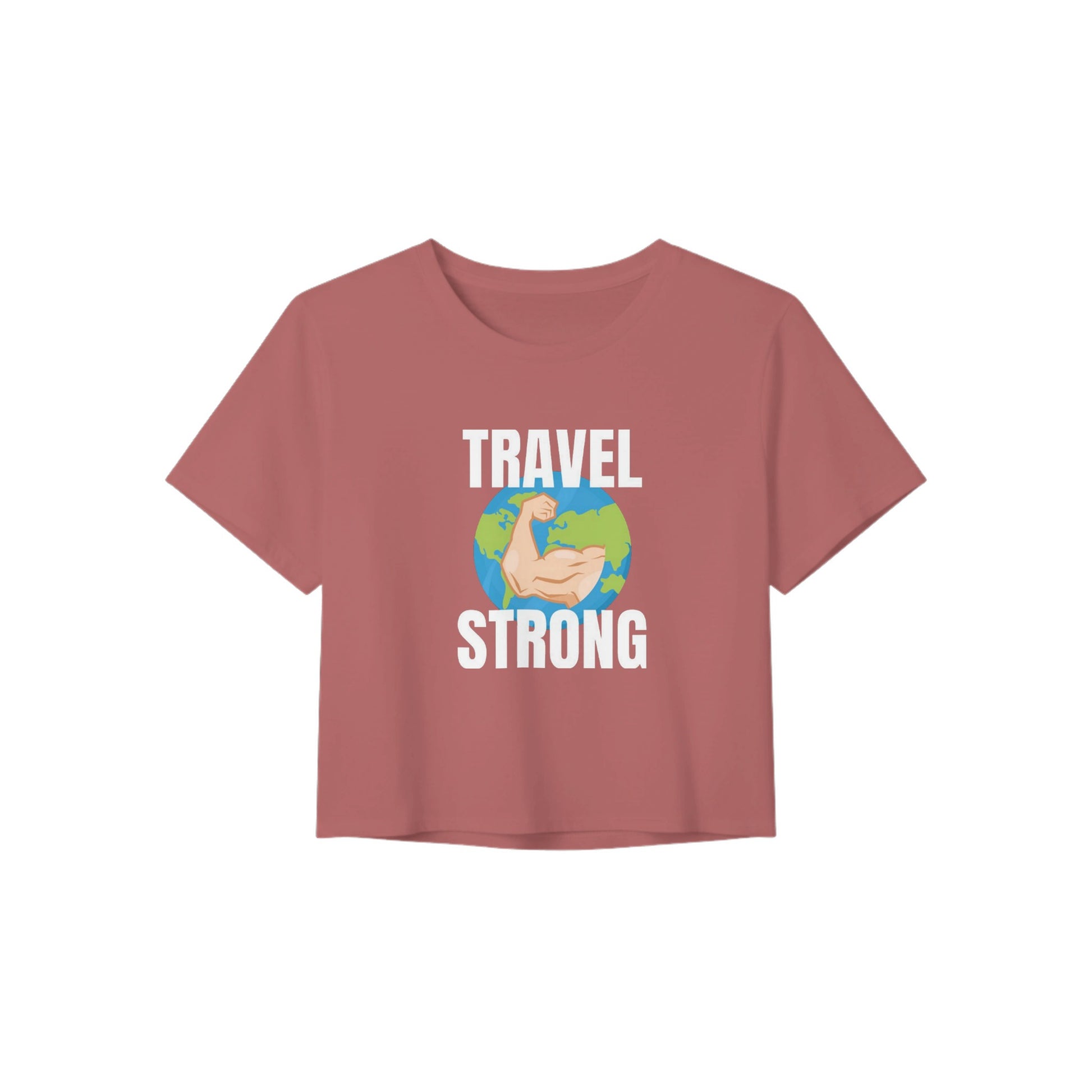 Travel Strong women's crop tee by Dumbbells & Hotels - close up print