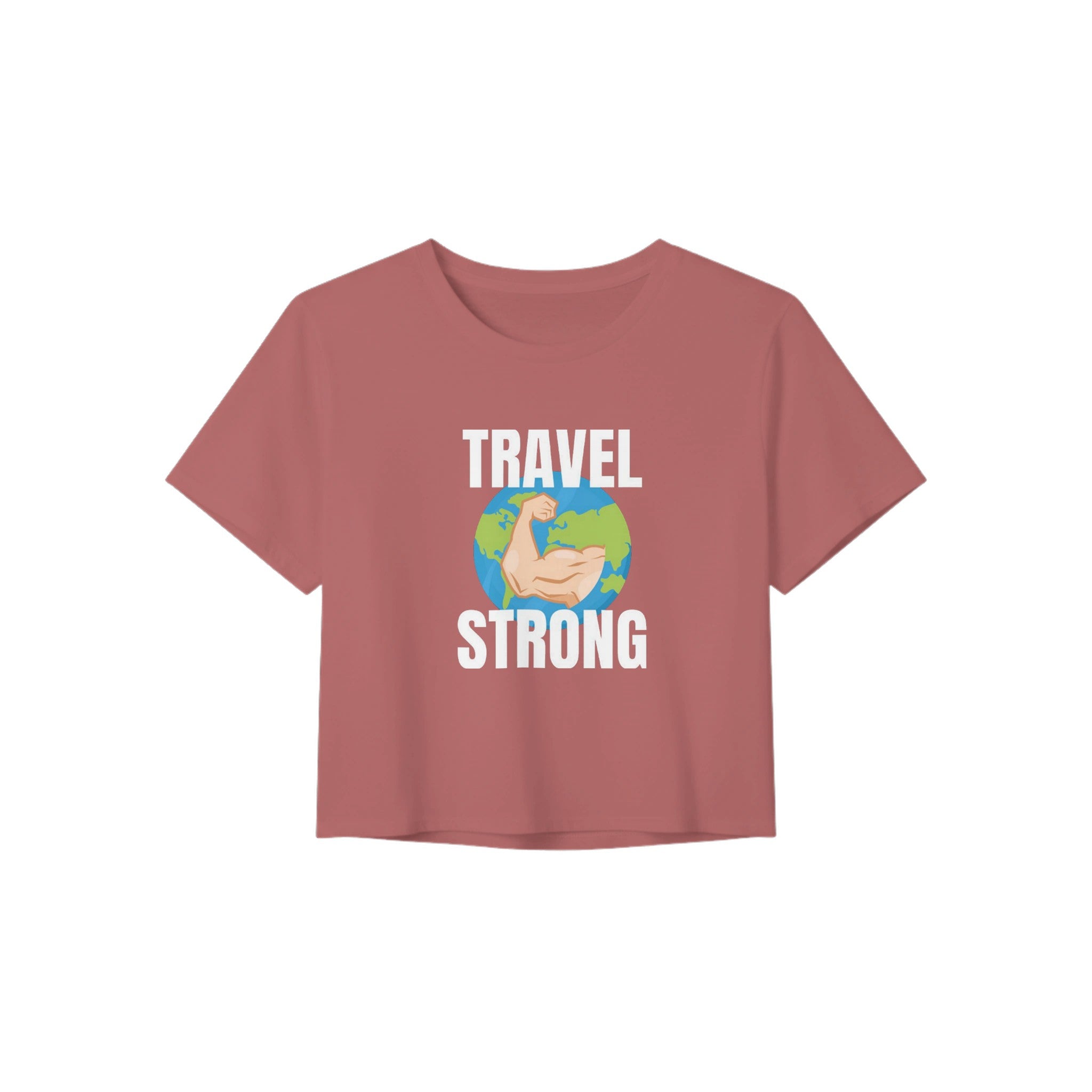 Travel Strong women's crop tee by Dumbbells & Hotels - close up print