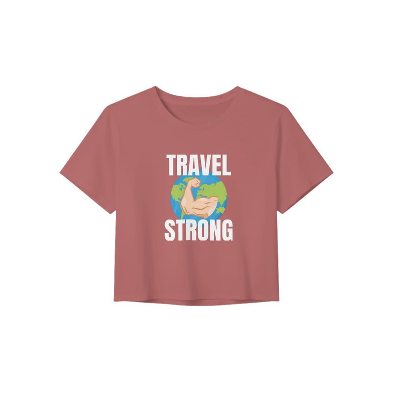 Travel Strong women's crop tee by Dumbbells & Hotels - close up print