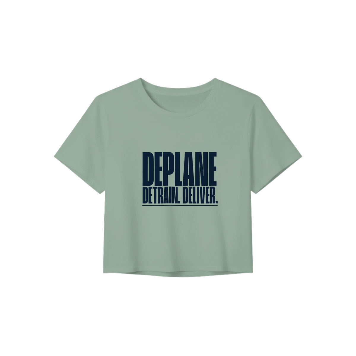 Deplane. Detrain. Deliver. crop tee, Dumbbells and Hotels, colorway flat lay