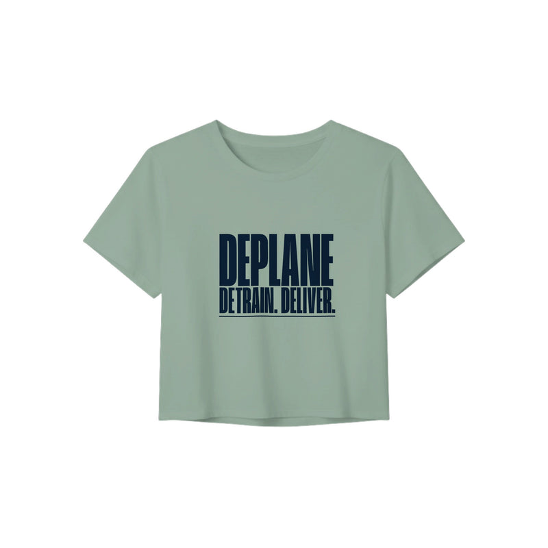 Deplane. Detrain. Deliver. crop tee, Dumbbells and Hotels, colorway flat lay