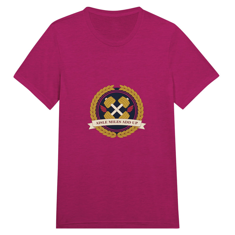 Aisle Miles Add Up frequent flyer travel tee, detail view 15 — Dumbbells & Hotels