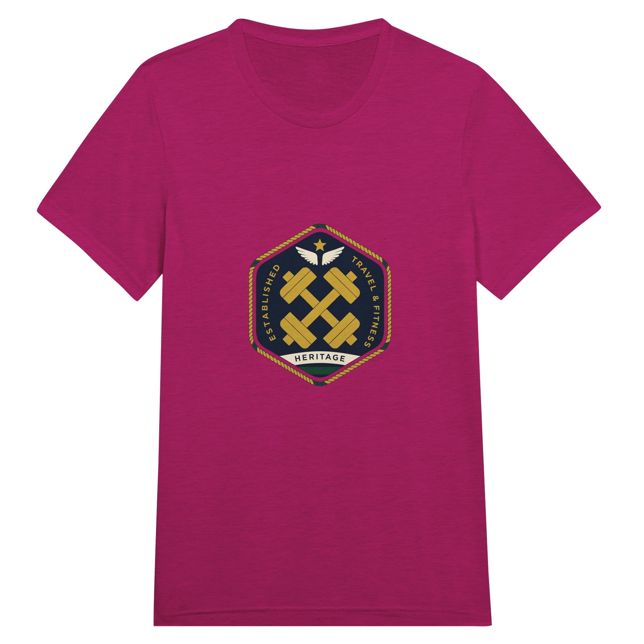 Heritage Standard crest-emblem travel tee, Dumbbells & Hotels road warrior apparel