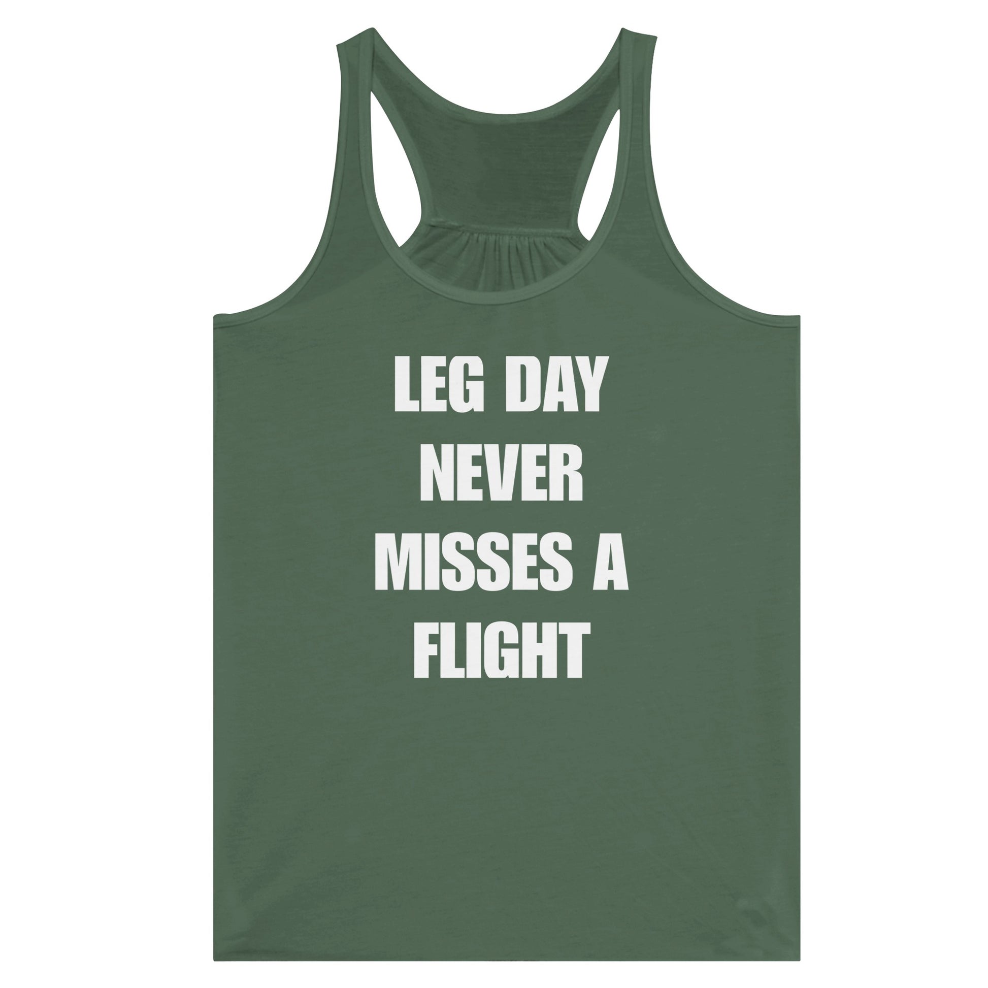 Dumbbells & Hotels women's flowy racerback tank with the Leg Day Never Misses a Flight graphic - product shot 8 of 13