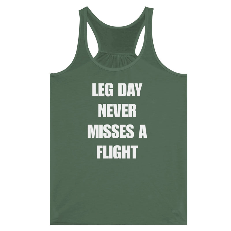 Dumbbells & Hotels women's flowy racerback tank with the Leg Day Never Misses a Flight graphic - product shot 8 of 13