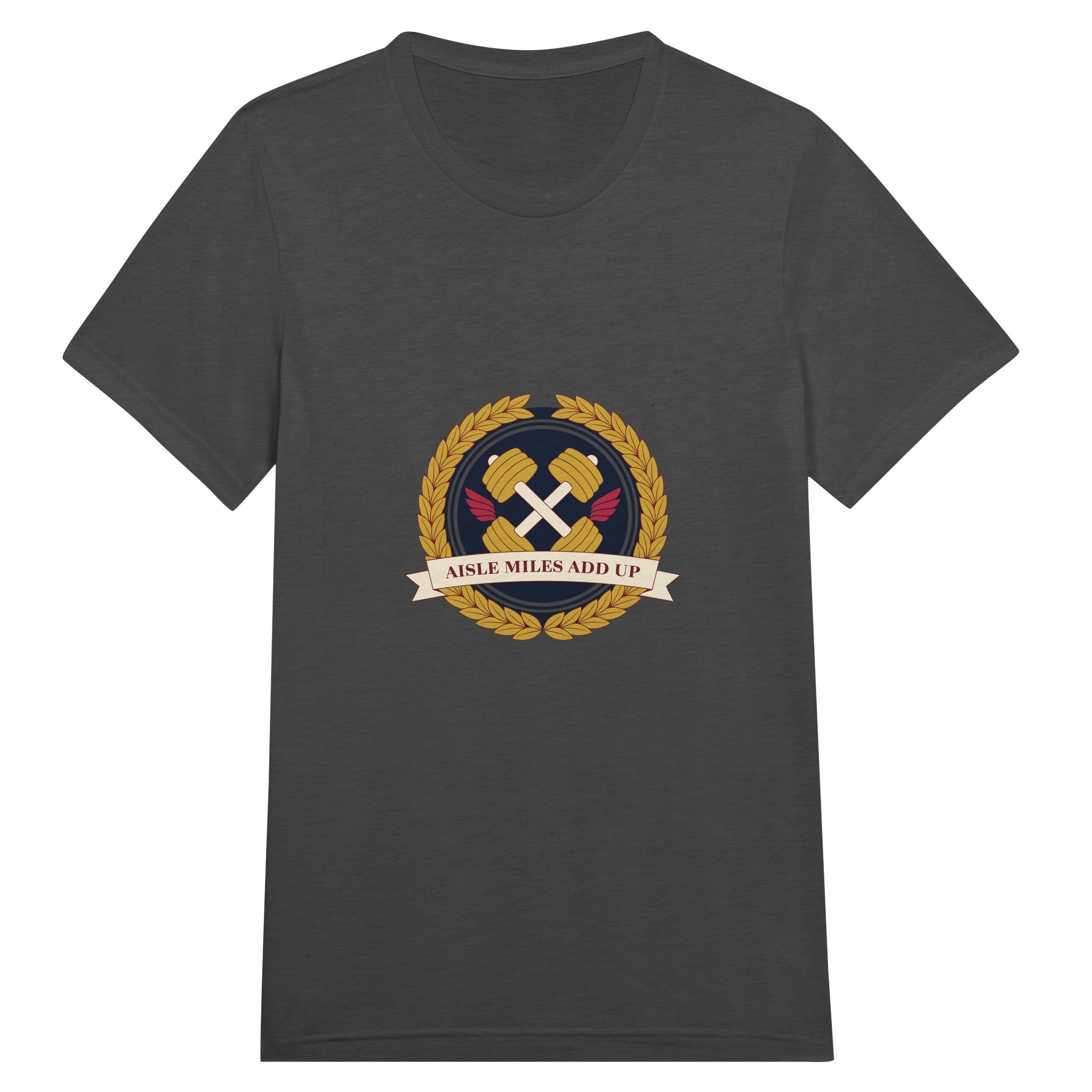 Aisle Miles Add Up frequent flyer travel tee, front view 10 — Dumbbells & Hotels