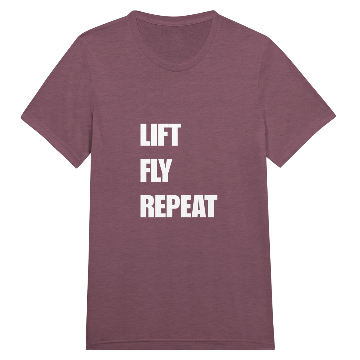 Lift Fly Repeat unisex triblend tee for travelling professionals, printed with a laurel-wreath crest with crossed dumbbells, aviator wings and a LIFT. FLY. REPEAT. ribbon — product photo 6 of 19