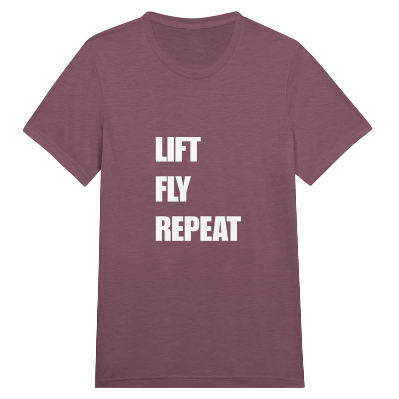 Lift Fly Repeat unisex triblend tee for travelling professionals, printed with a laurel-wreath crest with crossed dumbbells, aviator wings and a LIFT. FLY. REPEAT. ribbon — product photo 6 of 19