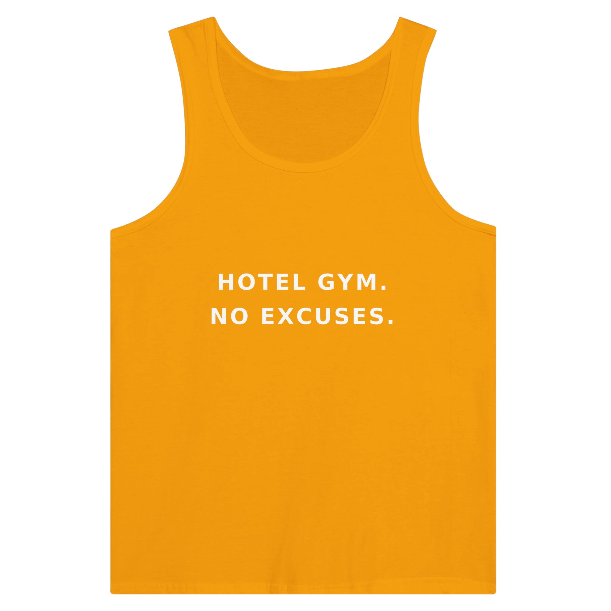 men's premium travel tank with white Hotel Gym. No Excuses. statement print for hotel gym sessions