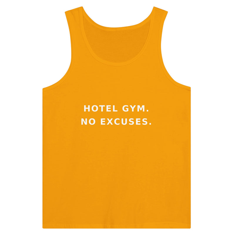 men's premium travel tank with white Hotel Gym. No Excuses. statement print for hotel gym sessions