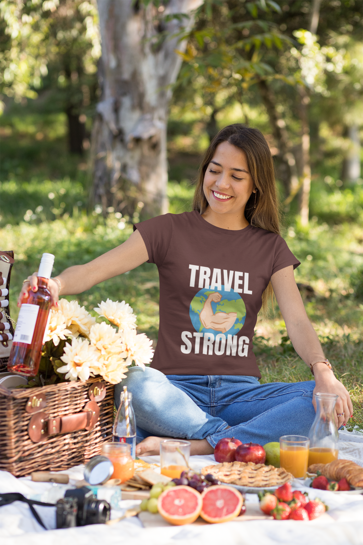Picnic scene with the Travel Strong Tee in Maroon — veteran-founded travel fitness brand, Dumbbells and Hotels